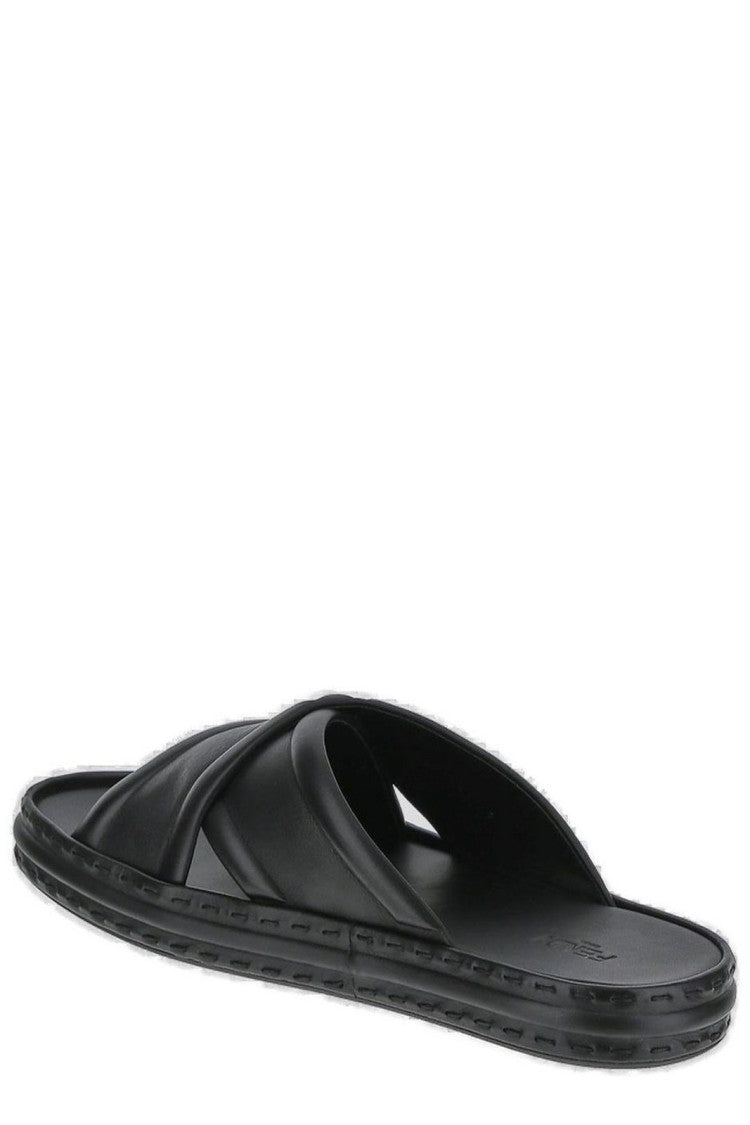 Fendi Crisscross Black Calf Leather Sandals With Textured Edge