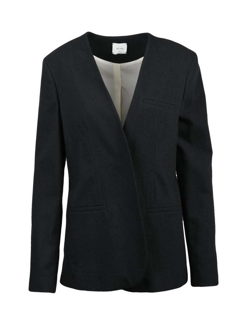 Alysi No Lapel Black Blazer With Clean Silhouette And Cotton Lining