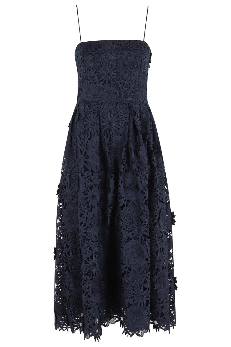 Rotate Navy Blue 3D Lace Flared Floral Polyester Midi Dress