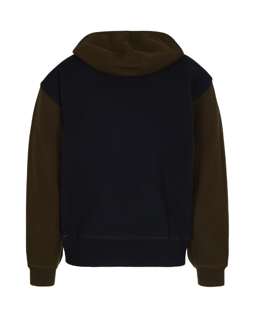 Emporio Armani Colorblock Wool Hoodie With Ribbed Details And Eagle Embroidery