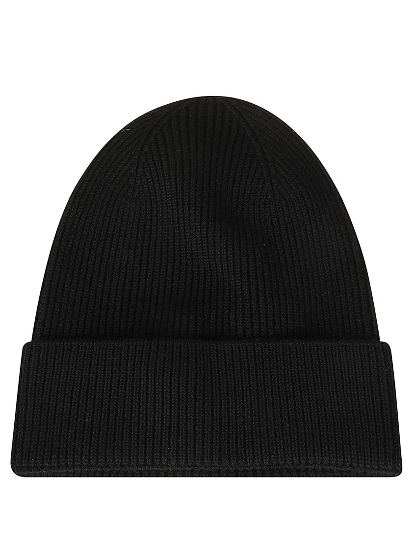 Moncler Ribbed Knit Beanie Hat With Folded Cuff And Embroidered Logo