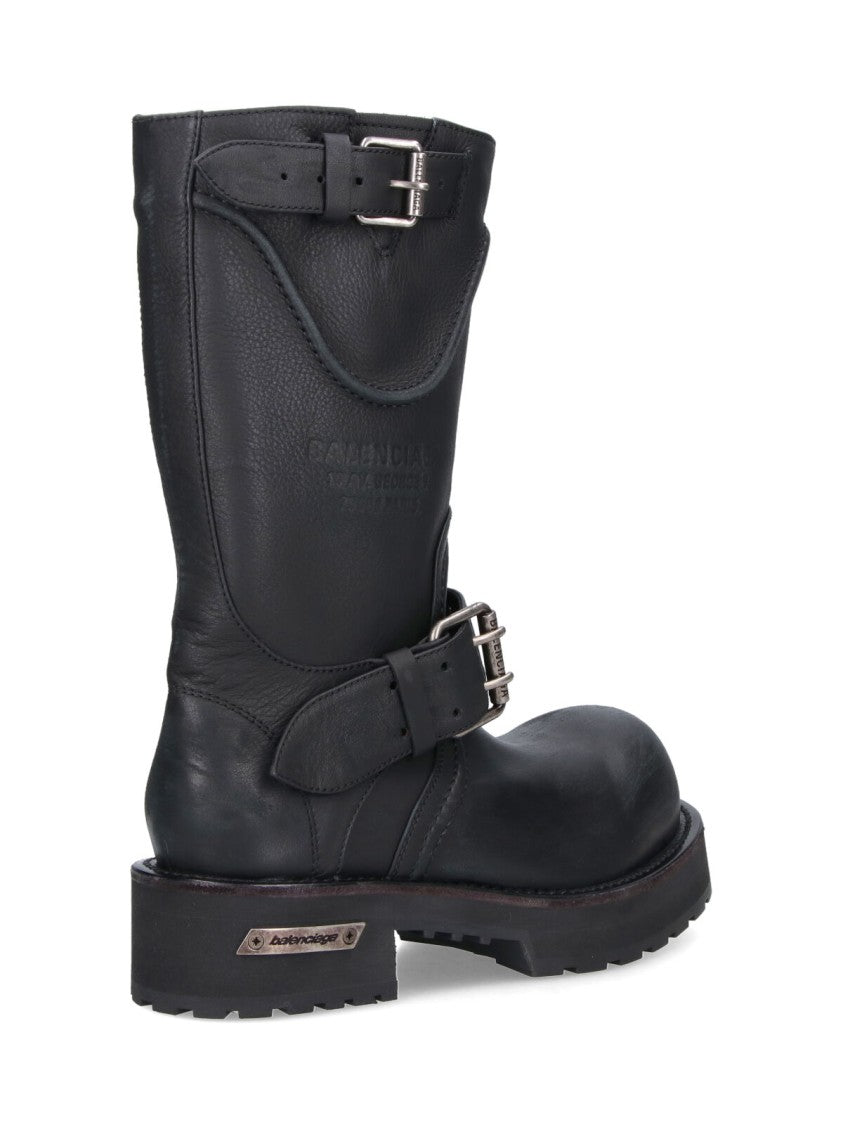 Balenciaga Venom Mid-Calf Boots With Adjustable Silver Buckles And Embossed Logo