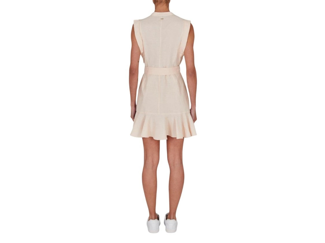 Armani Exchange White Sleeveless Mandarin Collar Flounced Dress