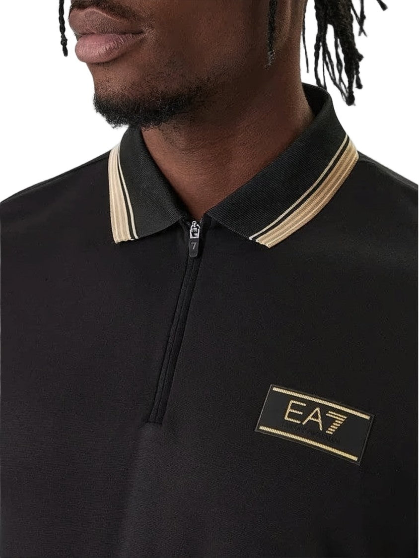 Ea7 Emporio Armani Short-Sleeved Black Polo T-Shirt With Contrasting Collar