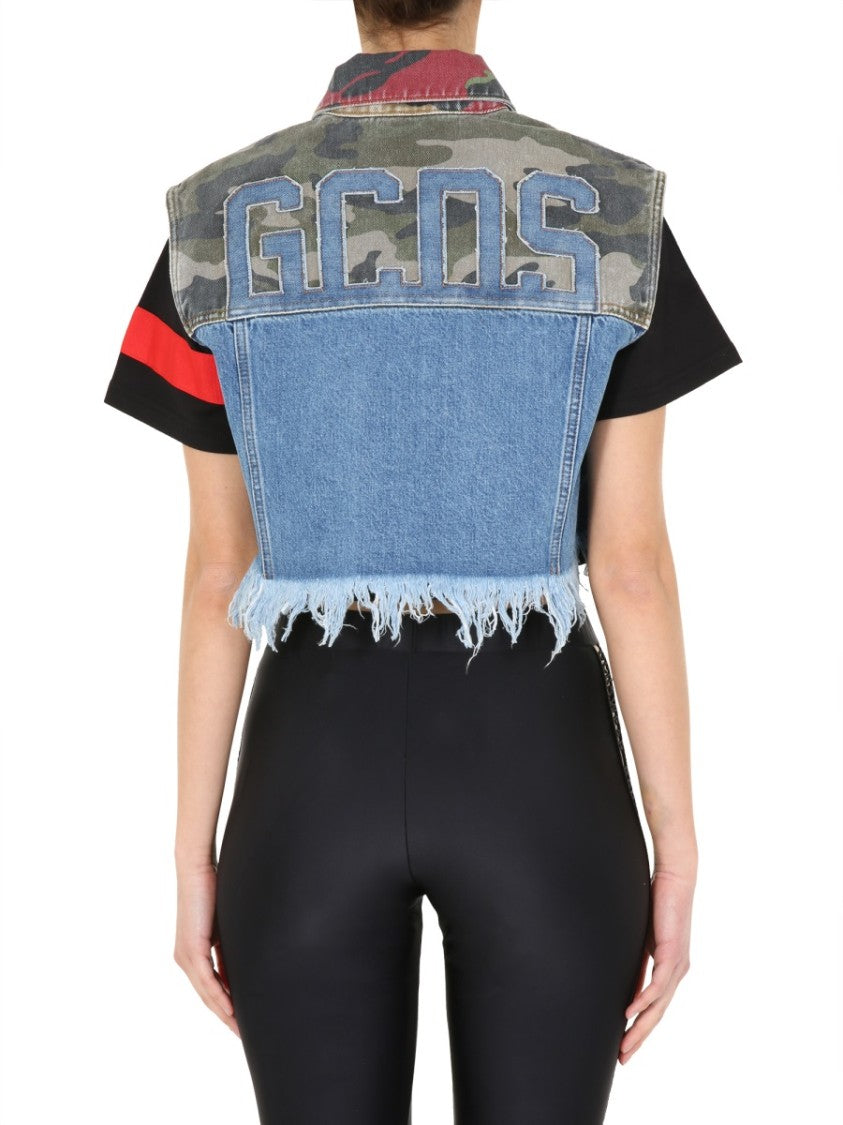 Gcds Cropped Denim Vest With Patchwork Design