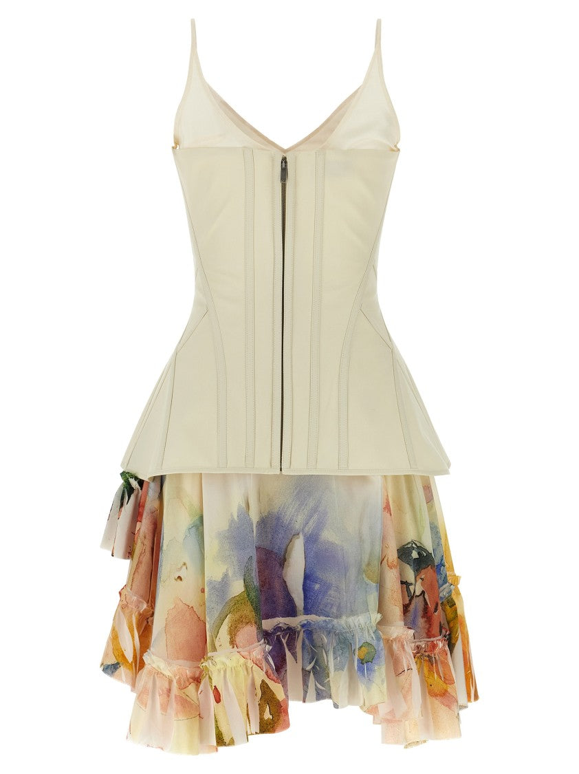 Mcqueen Asymmetrical Silk Corset Mini Dress With Abstract Print
