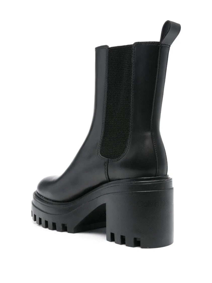 Calvin Klein Jeans Black Chunky Heeled Lugged Sole Chelsea Leather Ankle Boots