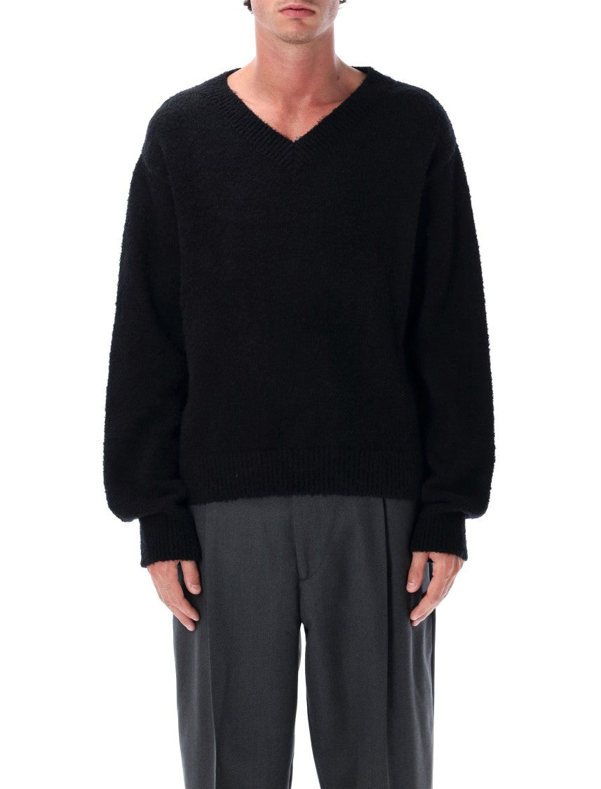 Mfpen Fuzzy Black V-Neck Organic Cotton Sweater
