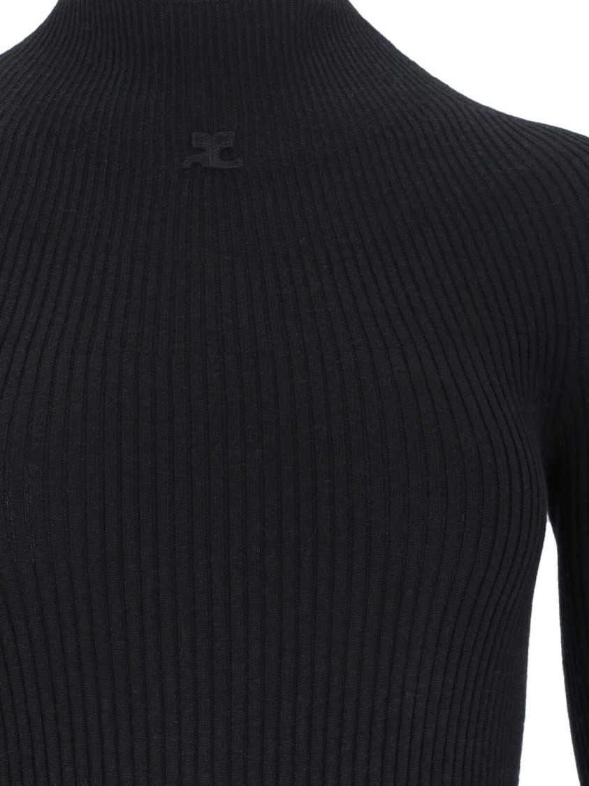 Courrèges Knitted Mini Dress In Black Cotton And Wool Blend