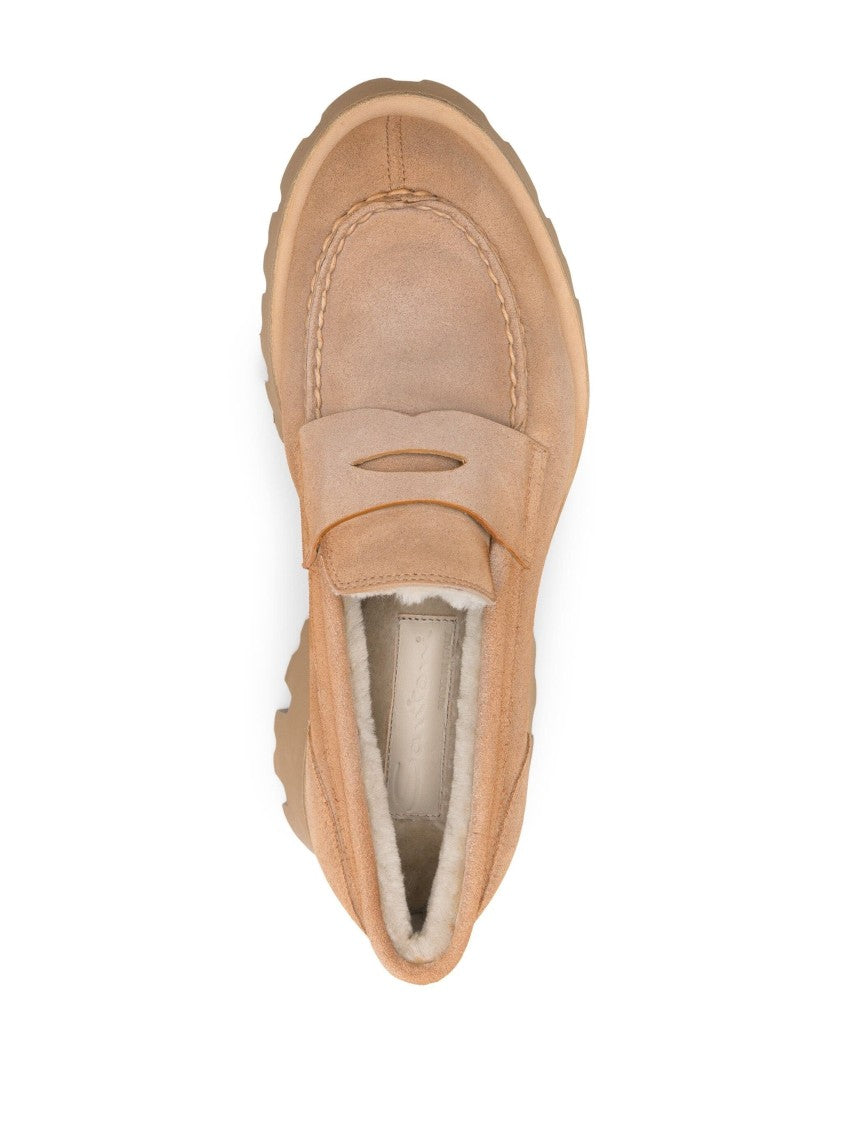 Santoni Beige Leather Loafers With Comfort-Focused Design And Elegant Detail