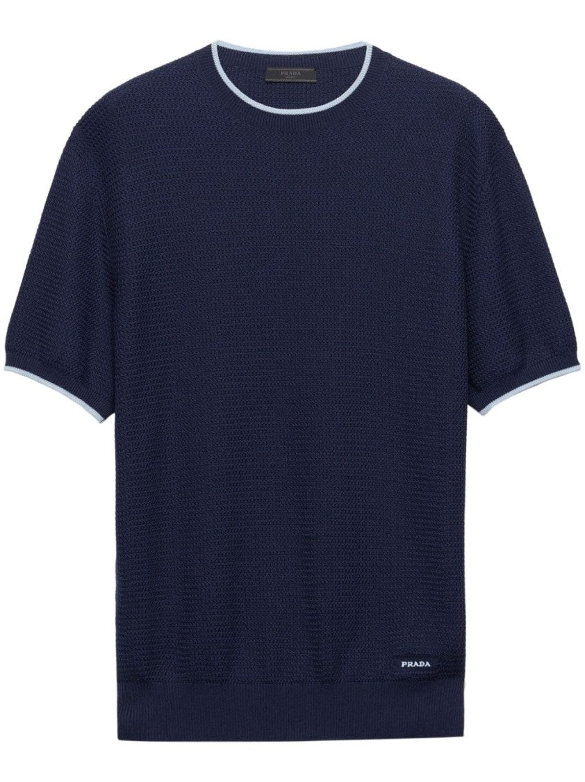 Prada Navy Blue Short-Sleeve Sweater With Contrasting Border