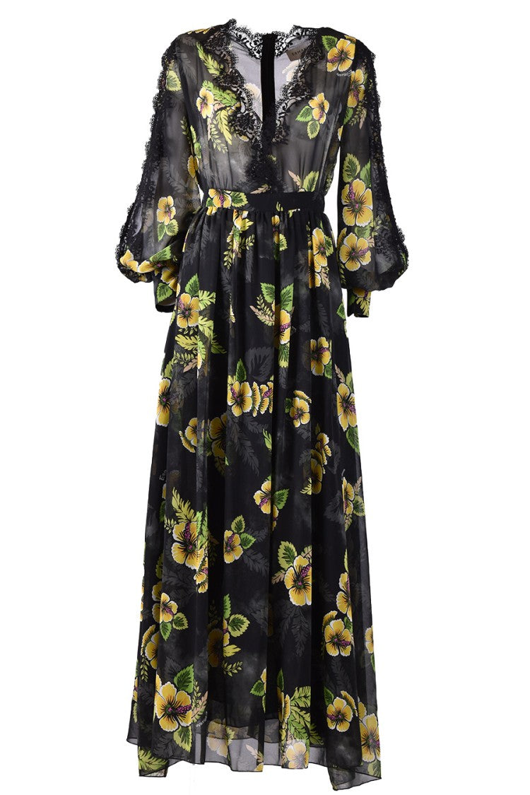 Ermanno Maxi Dress With Floral Print And Sheer Lace Details