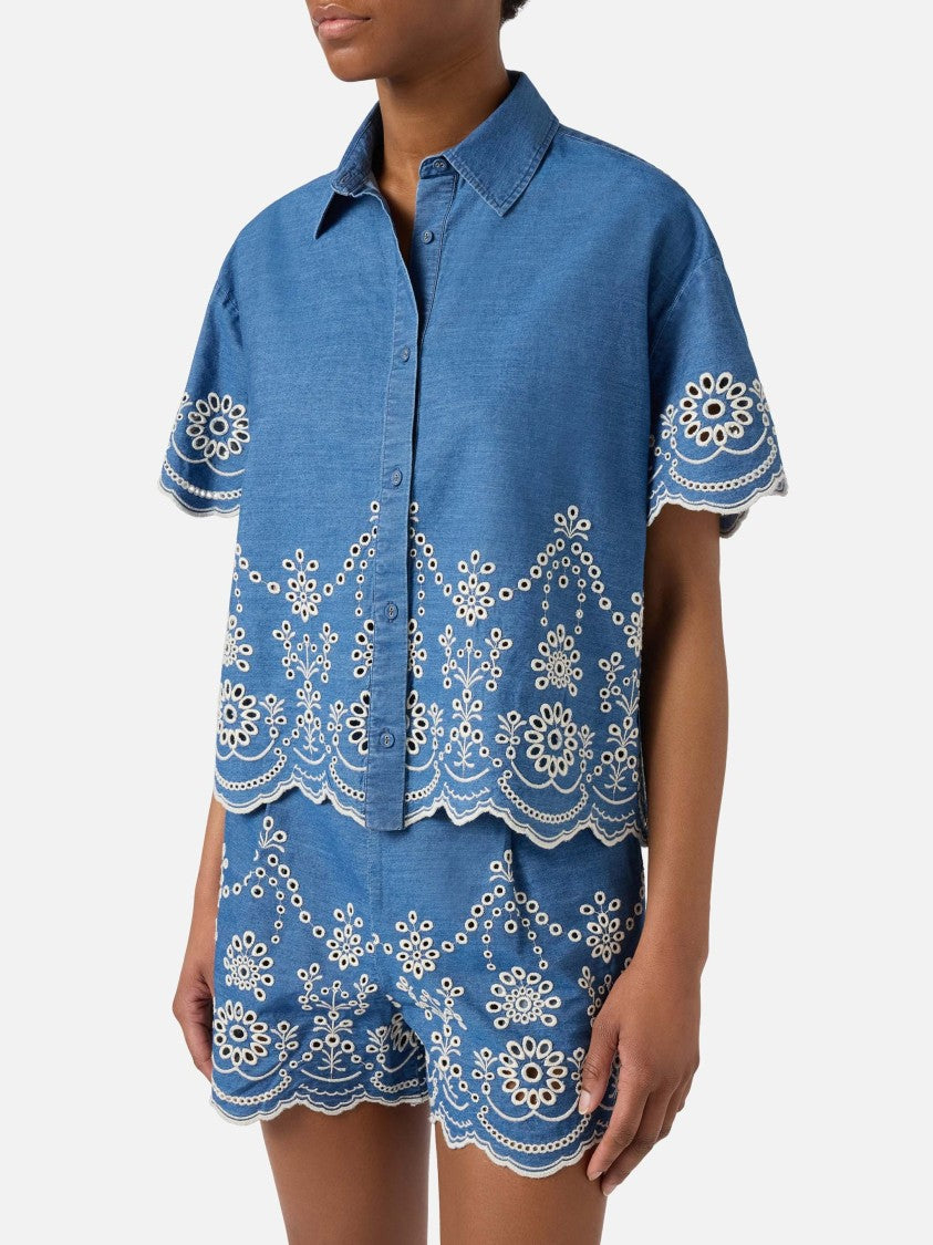 Mc2 Saint Barth Cropped Shirt With Classic Collar And Floral Embroidery