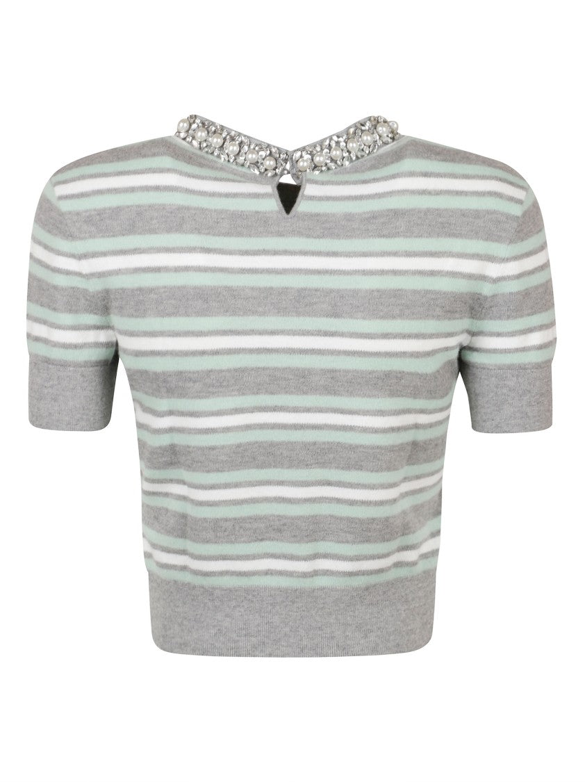 Self-Portrait Fitted Grey Top With Striped Pattern And Round Neckline