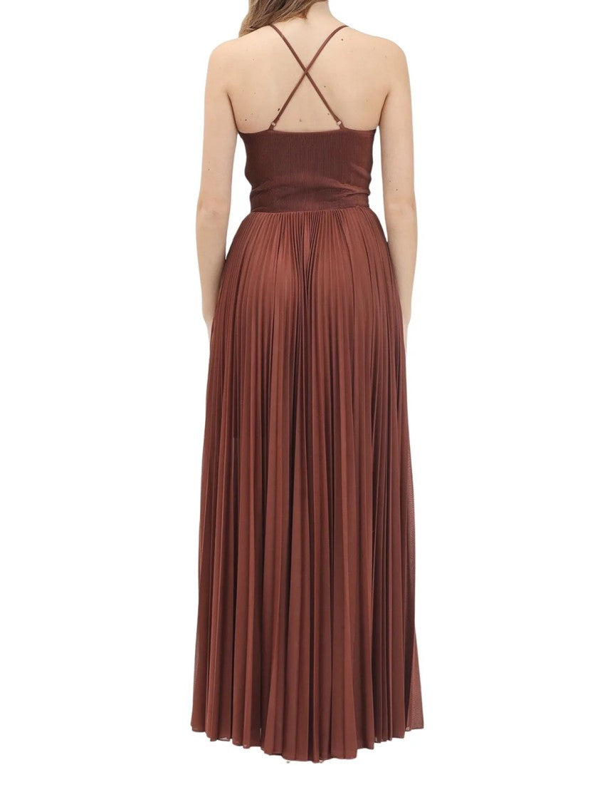 Pinko Brown Cicogna Polyester Pleated Maxi Dress