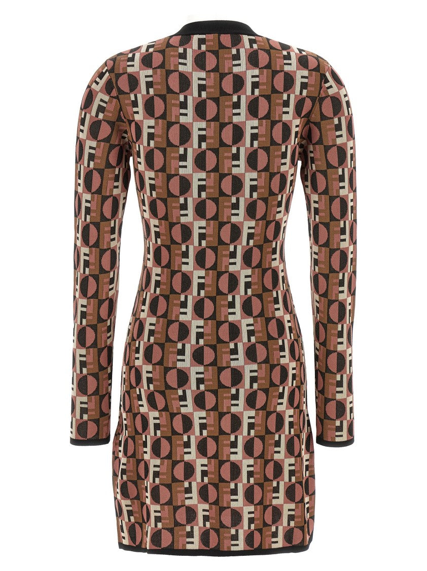 Fendi Shiny Jacquard Viscose Mini Dress With Geometric Pattern