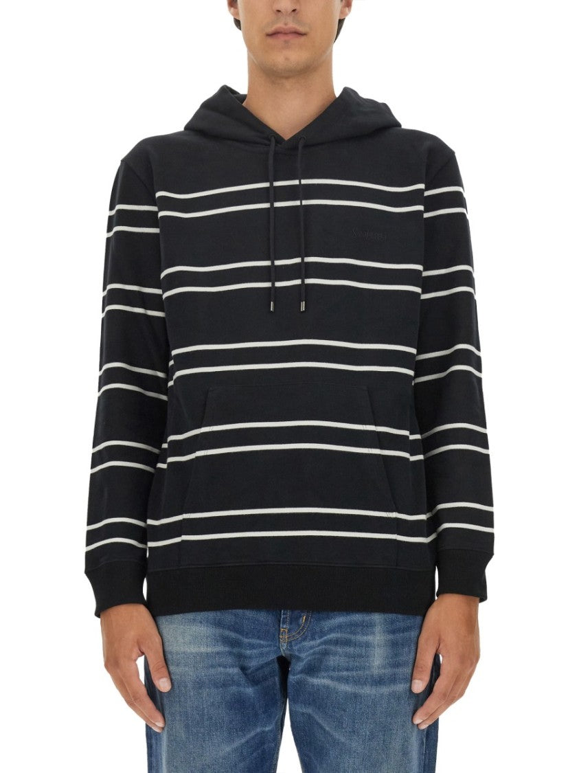 Saint Laurent Horizontal Stripe Black Hoodie With Relaxed Fit