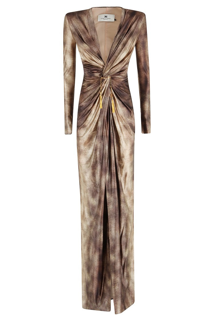 Elisabetta Franchi Emerald Python Print Deep V-Neck Evening Dress