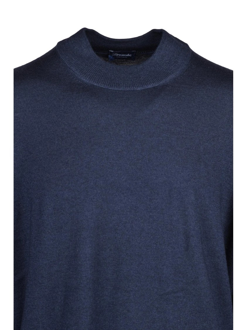 Drumohr Blue Extrafine Merino Wool Stand-Collar Pullover