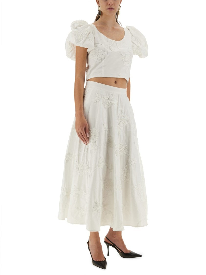 Rotate Birger Christensen Floral Embroidered A-Line Midi Skirt In Organic Cotton
