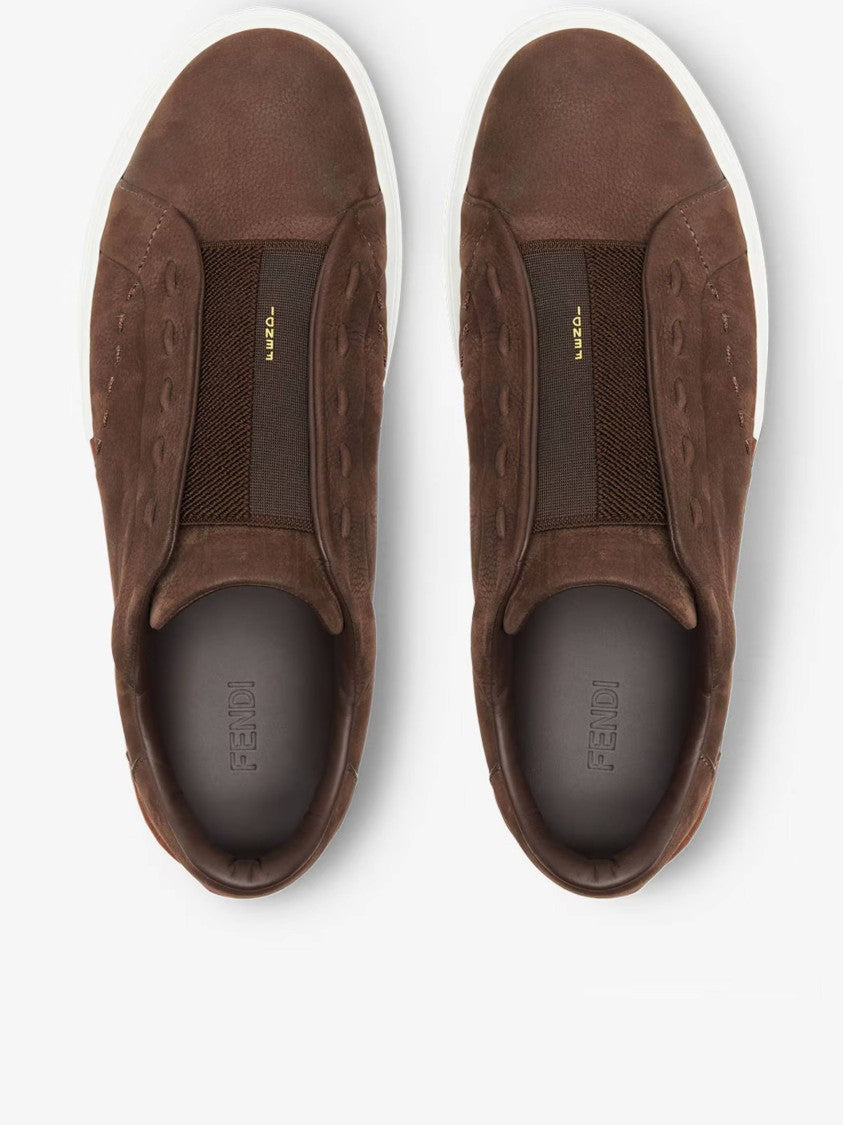 Fendi Low-Top Brown Leather Slip-On Sneaker With Contrasting Tan Accents