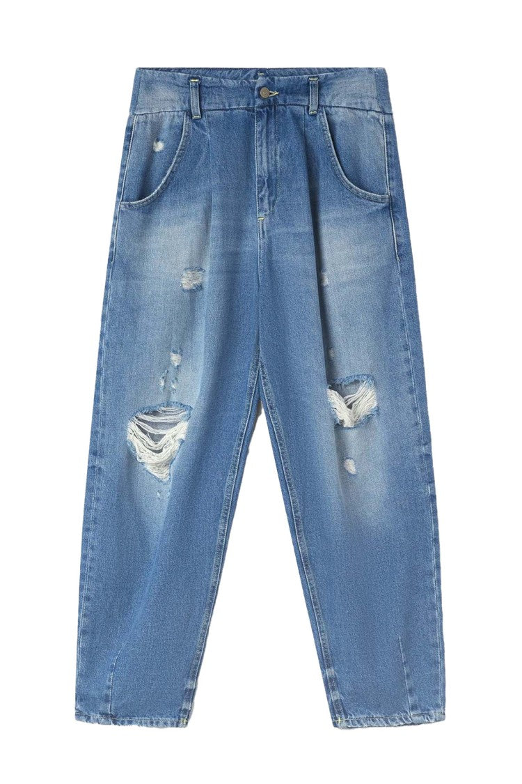 Dondup Blue Distressed Barrel-Leg Cotton Jeans