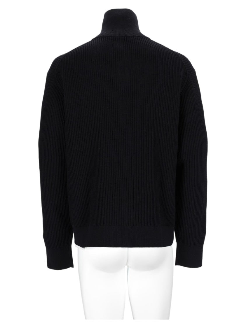 Studio Nicholson Black Ribbed Knit High Stand Collar Cotton Sweater