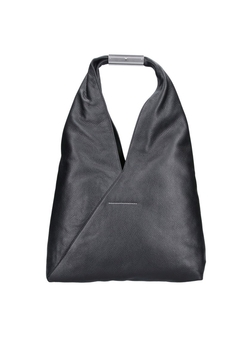 Mm6 By Maison Margiela Black Triangular Pebbled Leather Silver Handle Handbag