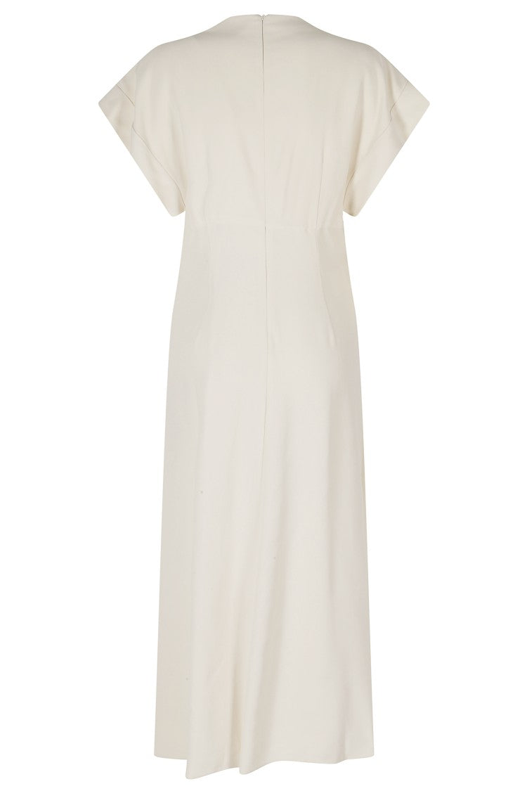 Alberta Ferretti Ivory Draped Waist V-Neck Viscose Ankle-Length Dress