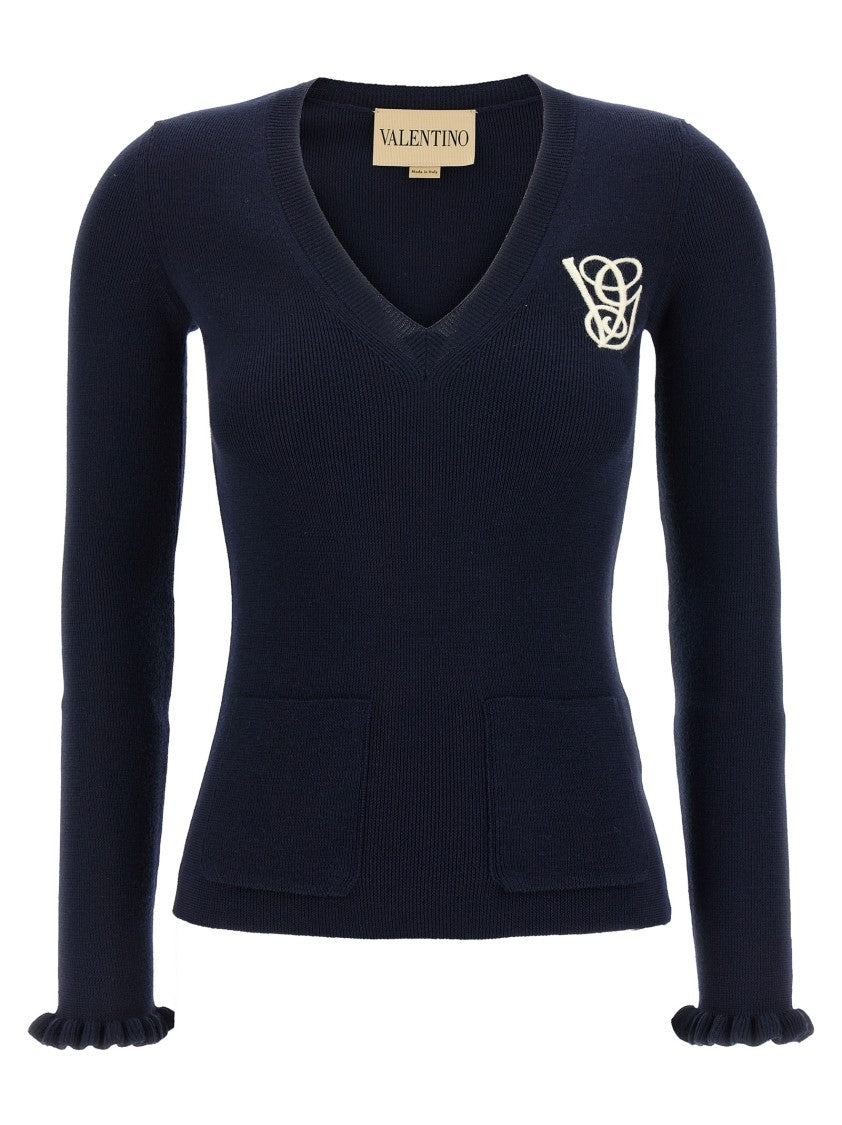 Valentino Garavani Dense Weave Virgin Wool Sweater With Ruffled Cuffs