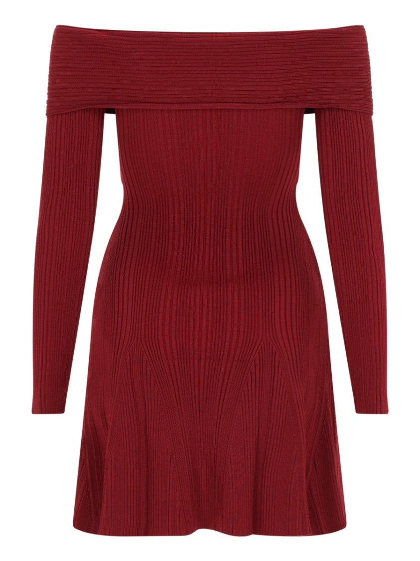 Self-Portrait Neutral Ribbed Knit Off-The-Shoulder Mini Dress