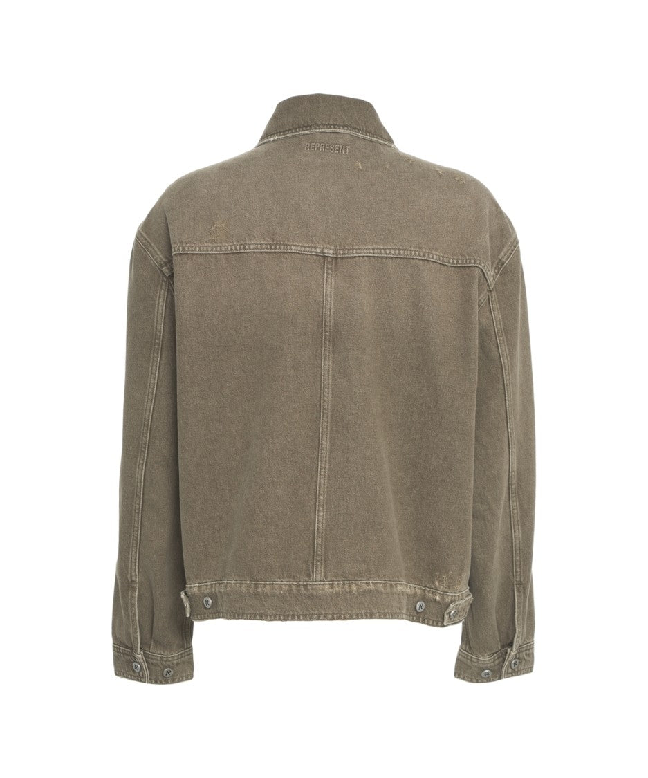 Represent Boxy Fit Distressed Denim Jacket With Zip Detail