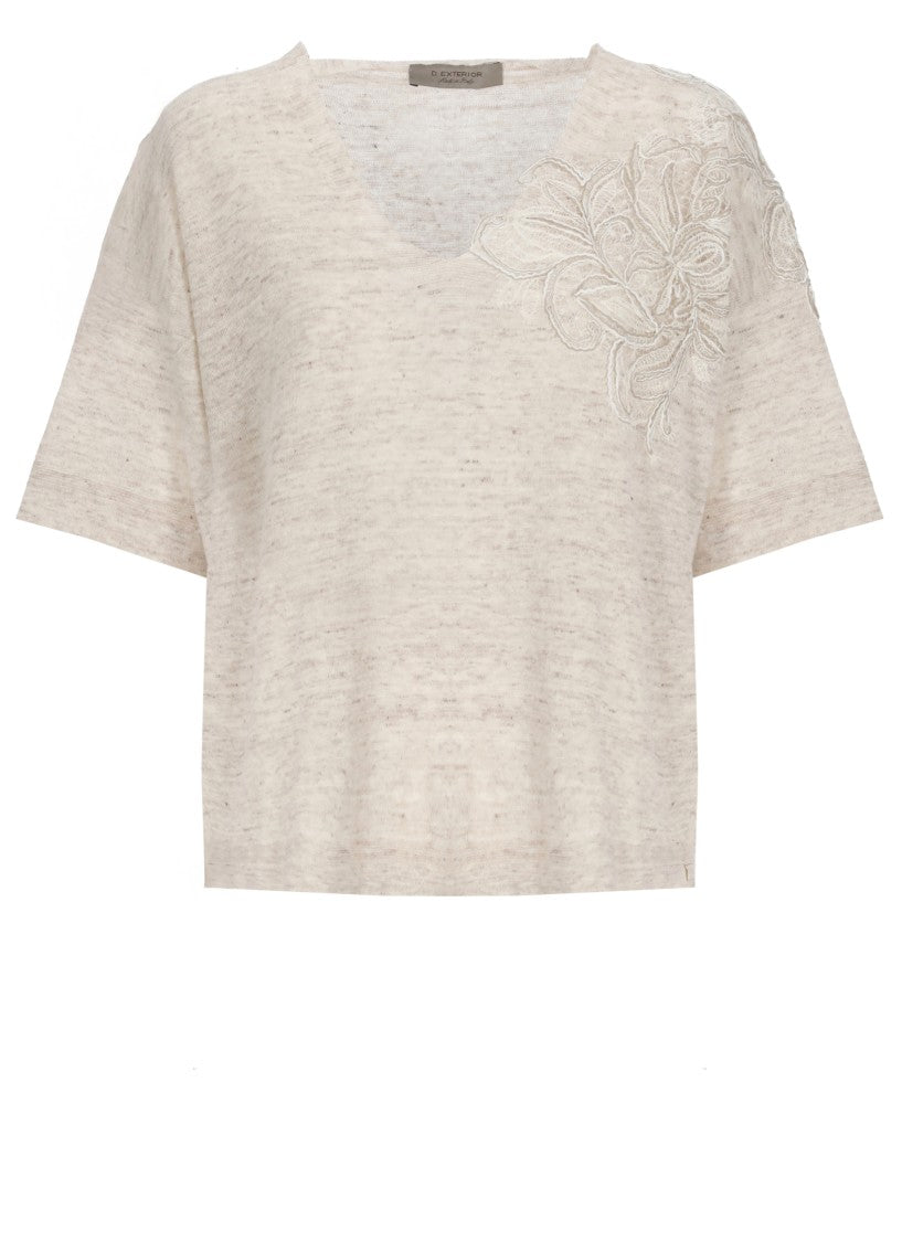 D. Exterior Beige Lace Linen-Blend Round-Neck Top