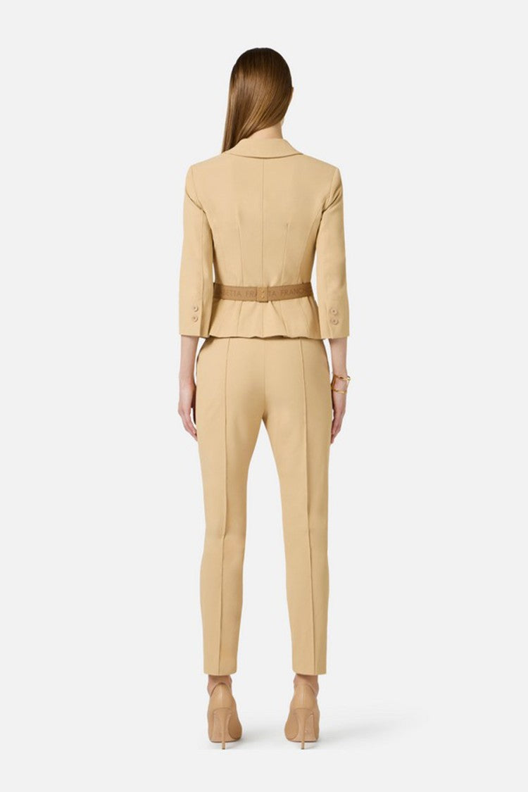 Elisabetta Franchi Camel Gold-Buckle Logo Belt Polyamide-Blend Cropped Pants