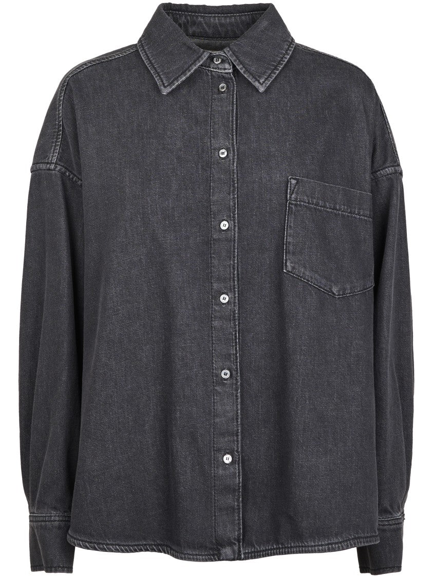 Max Mara Washed Black Cotton Shirt With Classic Collar