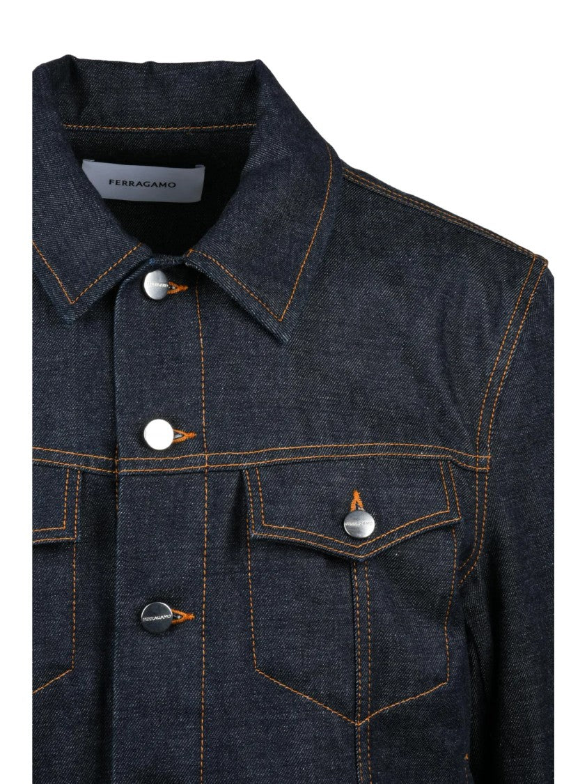 Ferragamo Structured Blue Denim Jacket With Flap Pockets And Adjustable Hem