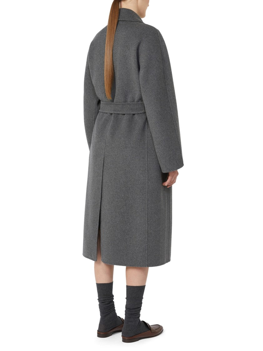 Max Mara Double-Breasted Grey Coat With Belted Waist And Oversized Sleeves
