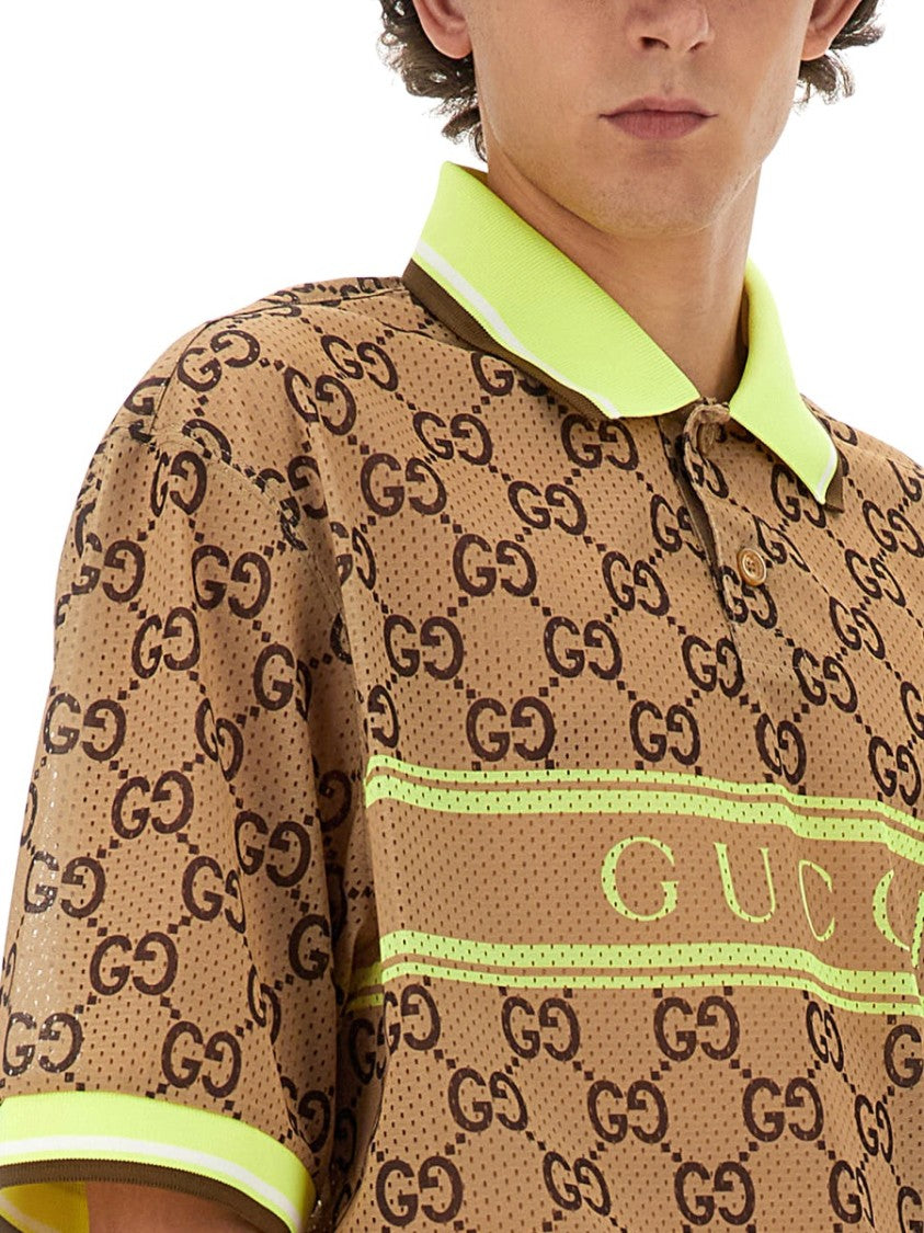 Gucci Brown Gg Print Polyester Monogram Polo Shirt