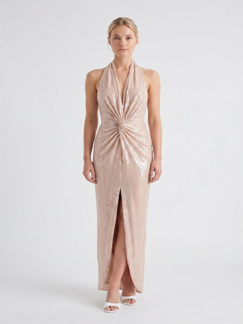 Nissa Powder Pink Deep V-Neck Sequined Drape Mesh Evening Dress