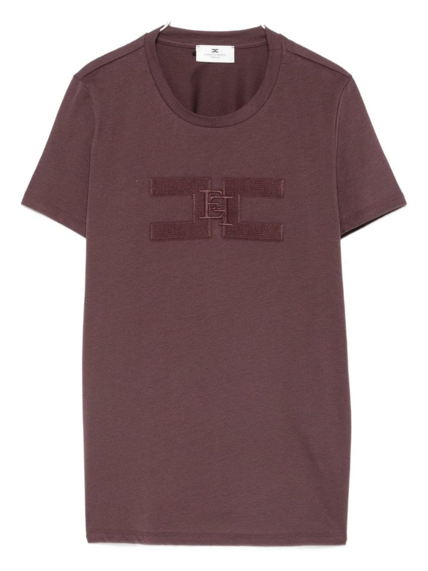 Elisabetta Franchi Bordeaux Cotton T-Shirt With Textured Logo Detail