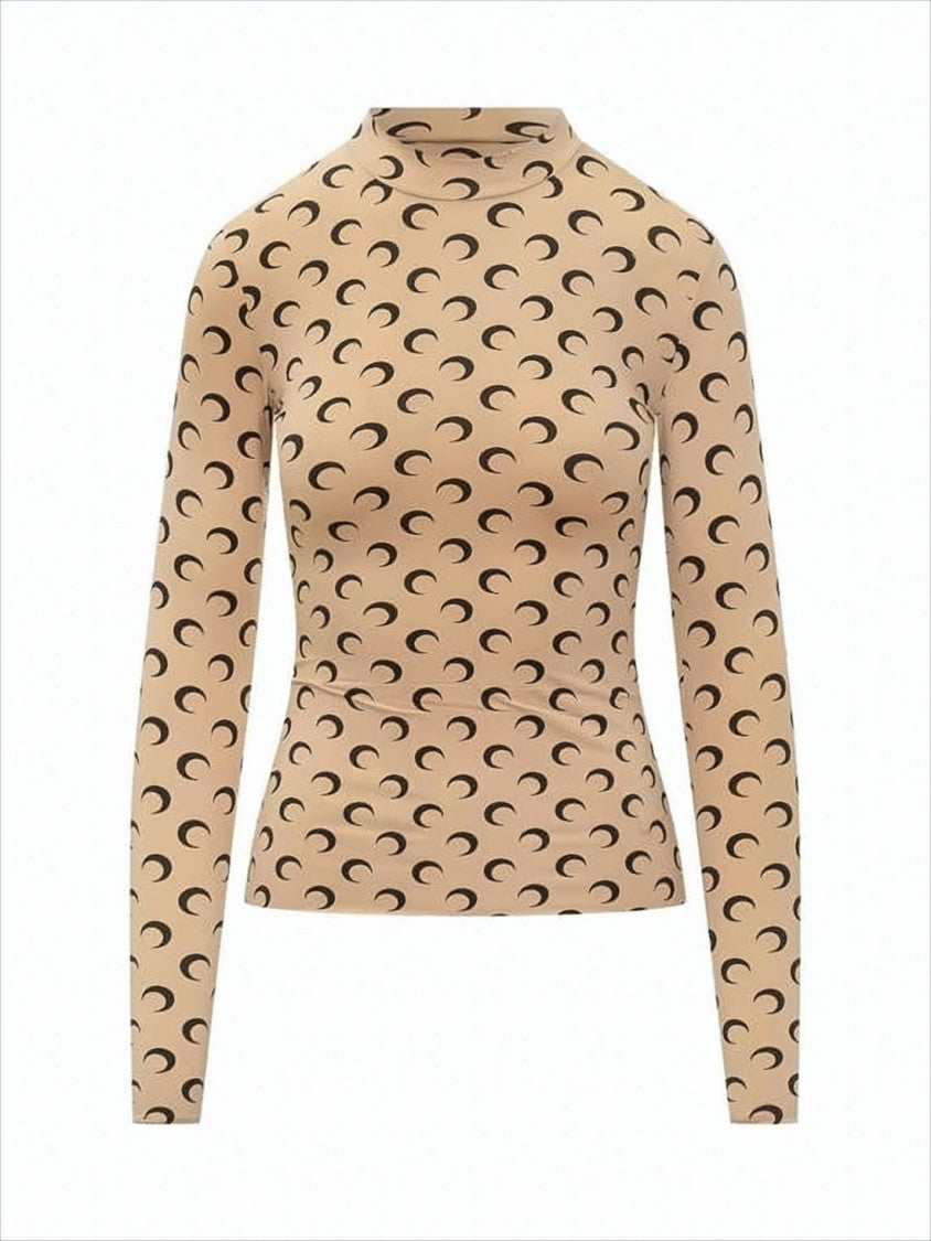 Marine Serre Fitted Long-Sleeve Top With Crescent Moon Print