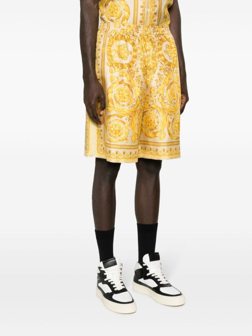 Versace Beige And Yellow Silk Barocco Print Shorts