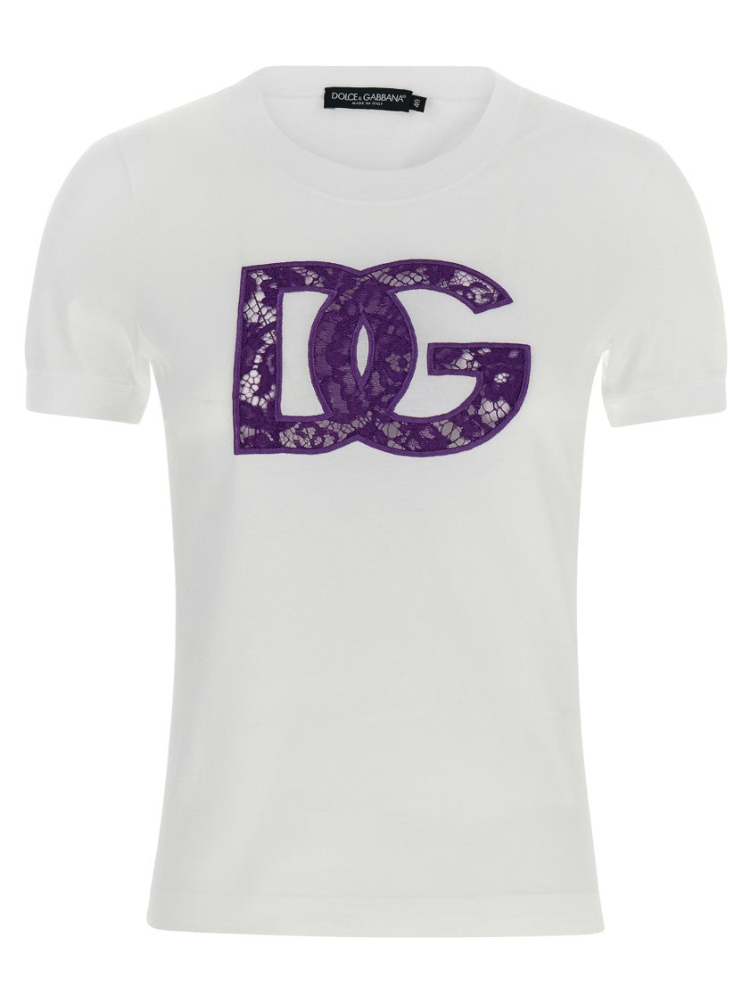 Dolce & Gabbana Cotton Crewneck T-Shirt With Openwork Lace Logo Insert