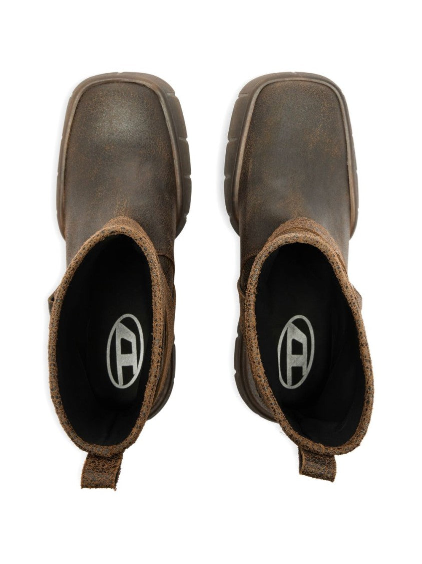 Diesel Brown Square Toe Leather Block Boots
