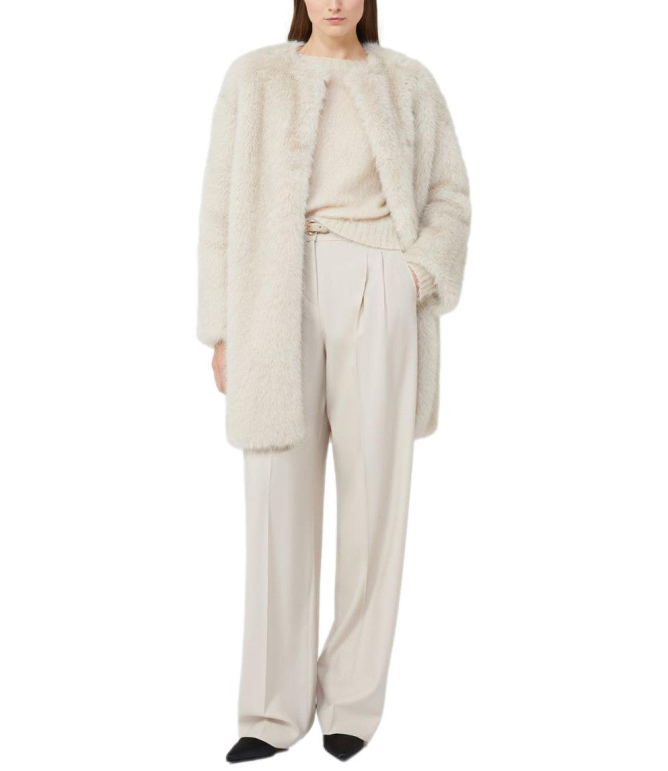 Max Mara Plush Beige Eros Coat With Collarless Design