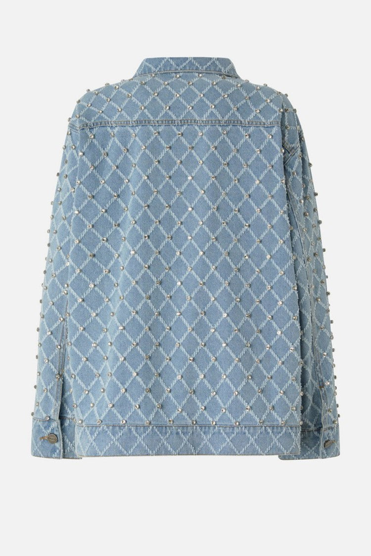 Pinko Light Blue Allover Crystal Studded Diamond Lattice Denim Jacket