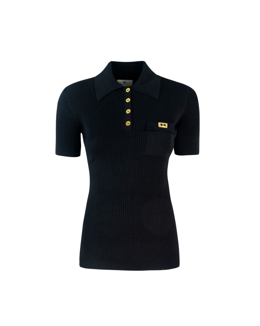 Elisabetta Franchi Black Micro-Ribbed Polo Shirt Pocket