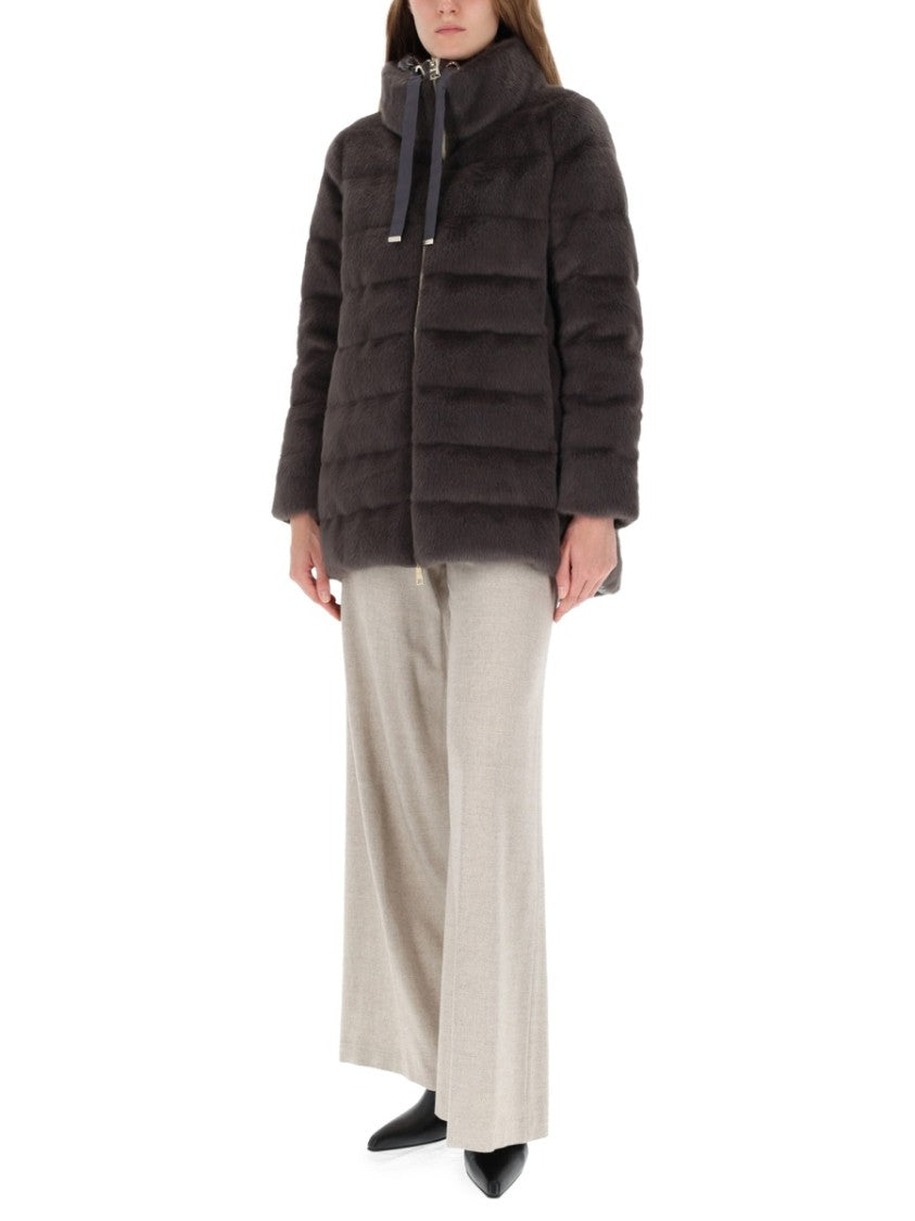 Herno Plush Quilted Coat With High Collar And Ribbon Pulls