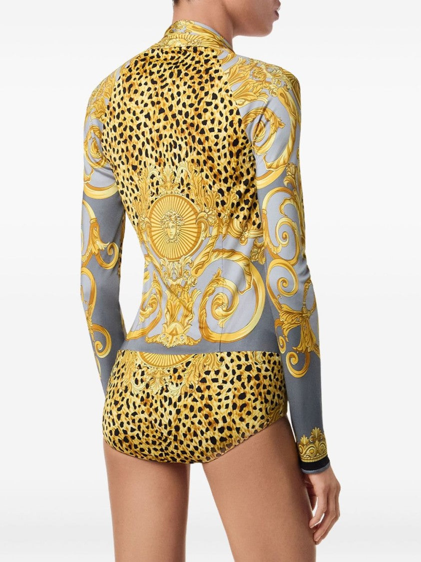 Versace Baroque-Print Deep V-Neck Bodysuit