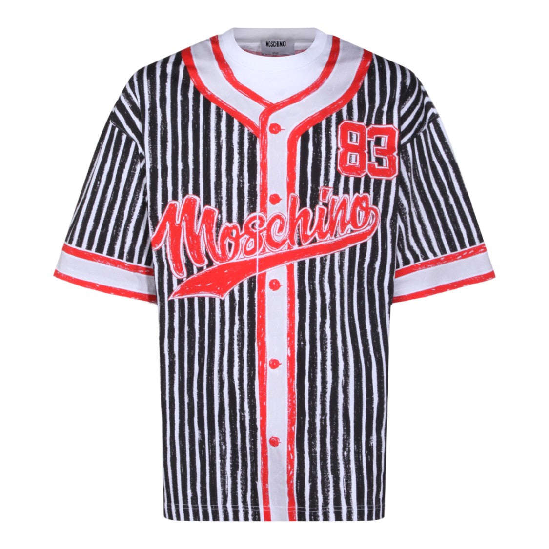 Moschino Short-Sleeve Black And White Vertical Stripe T-Shirt With Bold Red Accents